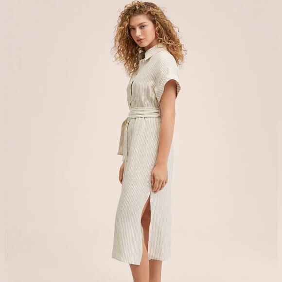 Mango 100% Linen Striped Belted Shirt Dress New - Picture 11 of 11